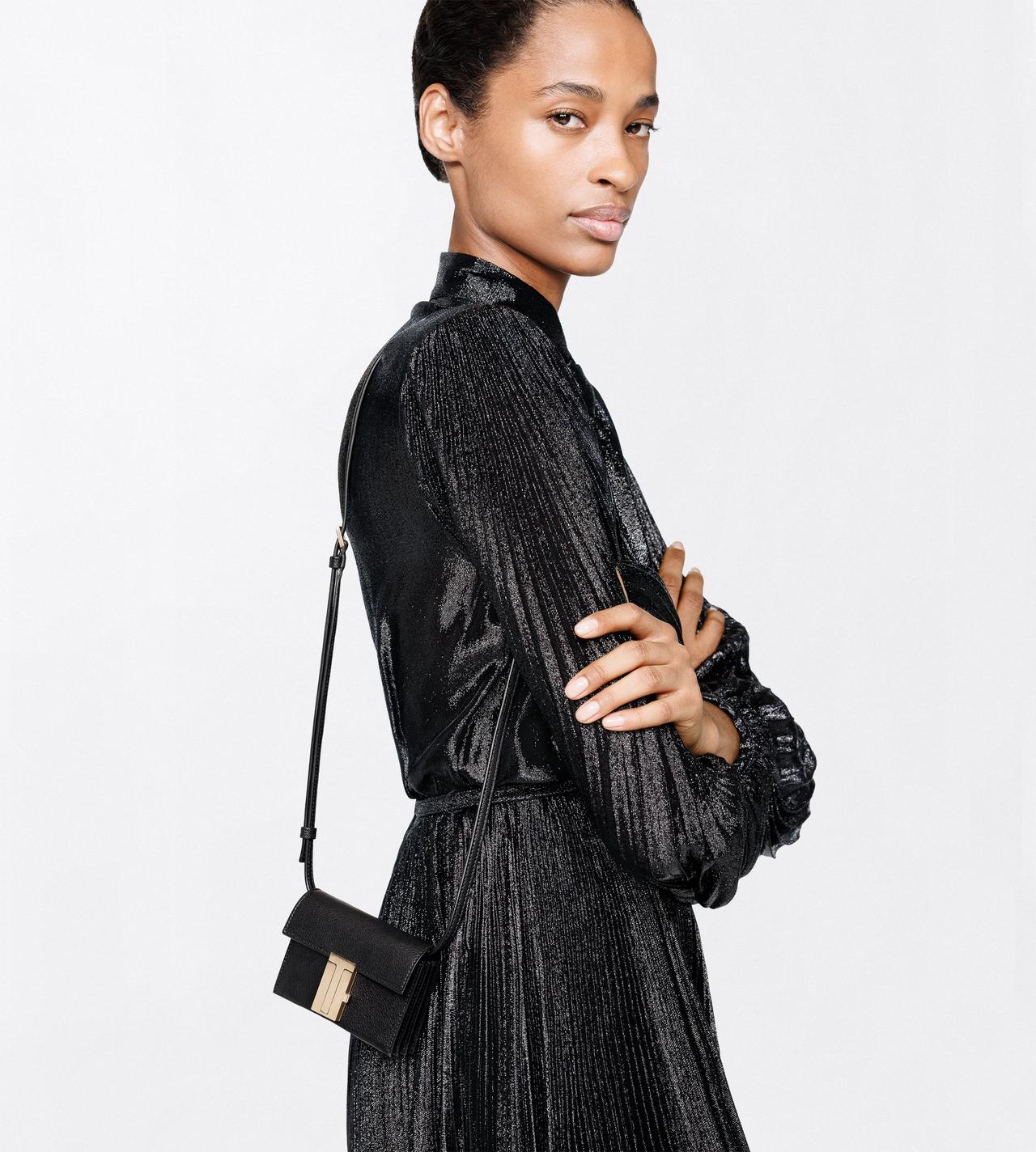 TOM FORD LEATHER BLACK SHINY SUPPLE GRAIN LEATHER MIA CARD HOLDER ON STRAP
