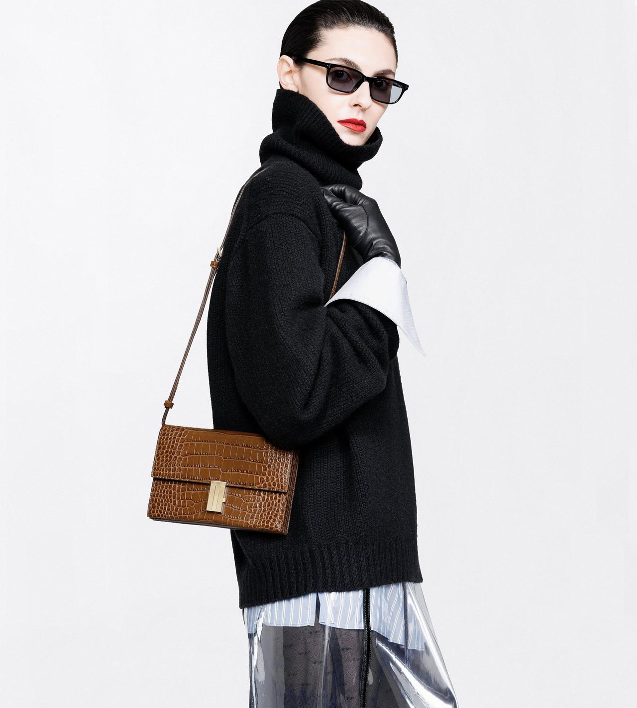 TOM FORD LEATHER CINNAMON TUMBLED PRINTED CROCODILE LEATHER MIA MINI BAG