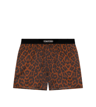 LEOPARD PRINT STRETCH SILK SATIN SIGNATURE PJ SHORTS image number 0