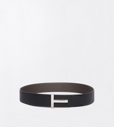 TOM FORD LEATHER SMOKE GREY + BLACK GRAIN LEATHER T ICON BELT&nbsp;