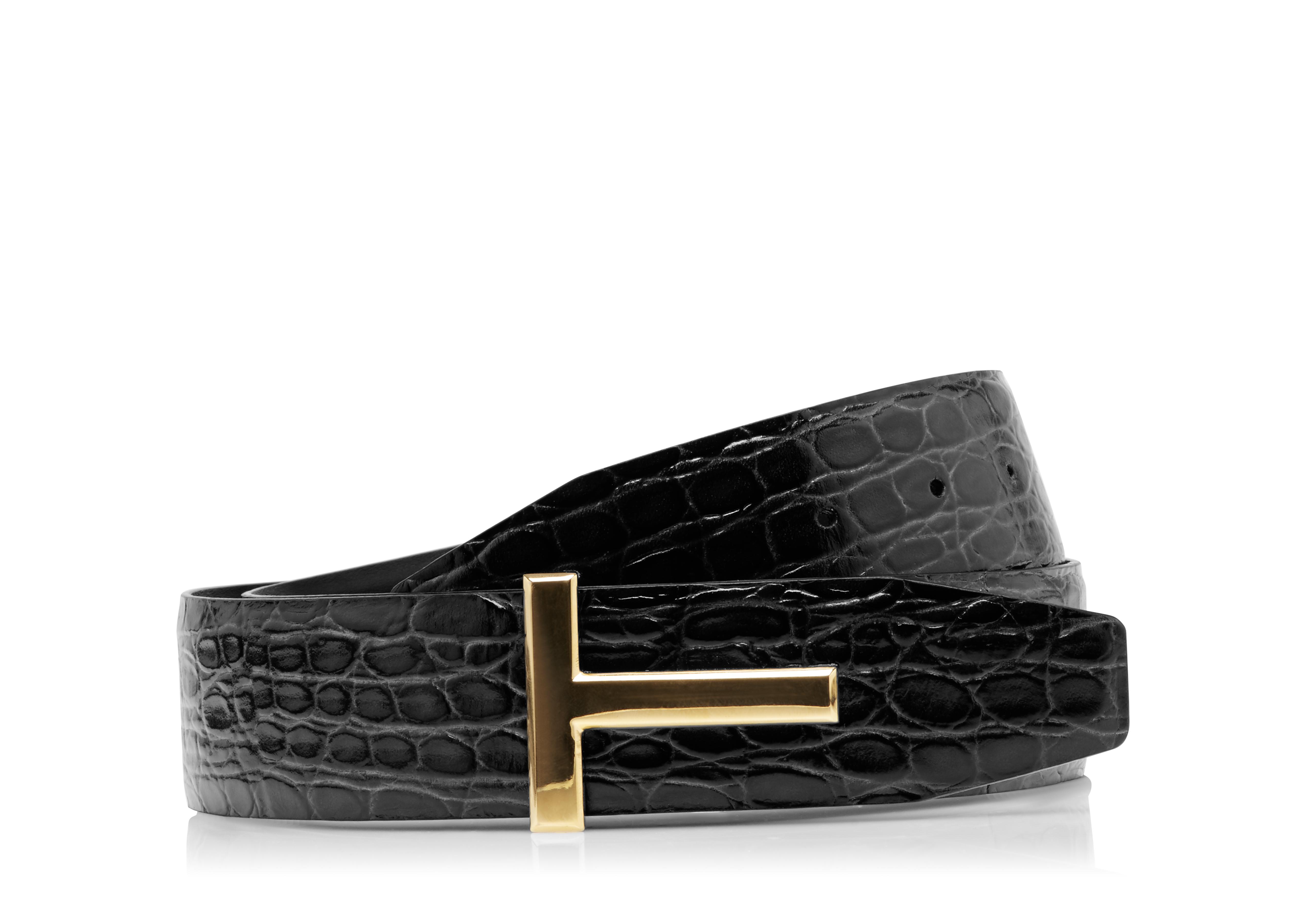 Tom Ford Classic T Logo Crocodile-pattern Leather Belt in Black