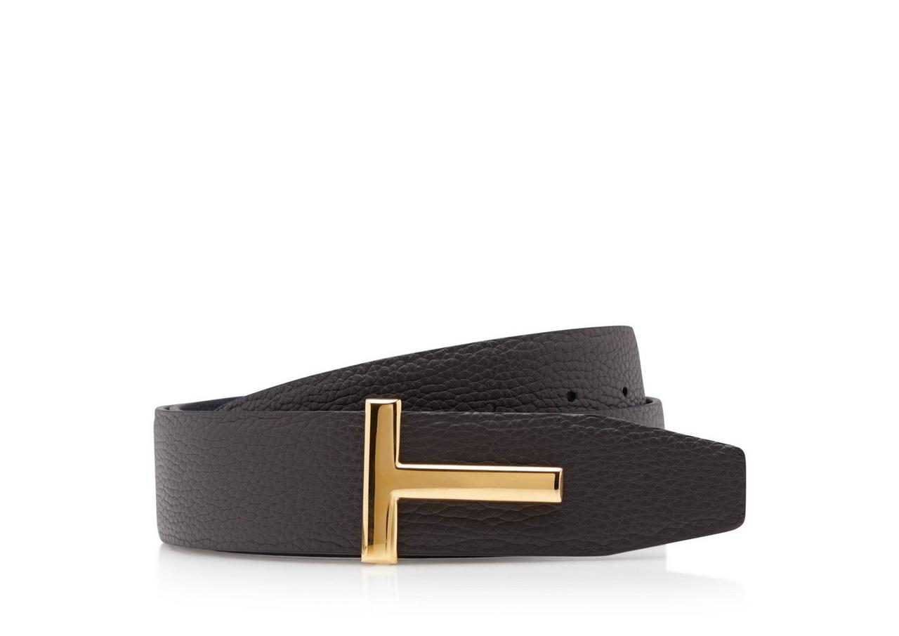 Grained-leather belt with logo-engraved buckle