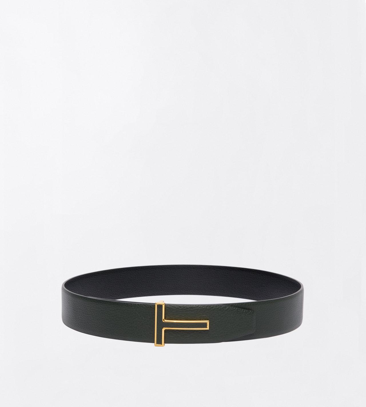 TOM FORD LEATHER DARK PINE + BLACK GRAIN LEATHER REVERSIBLE T BELT