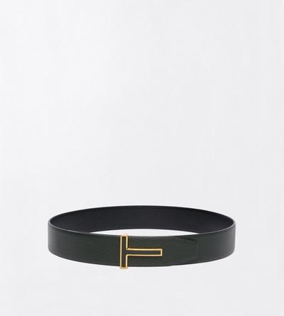 TOM FORD LEATHER DARK PINE + BLACK GRAIN LEATHER REVERSIBLE T BELT