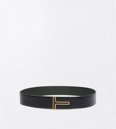 TOM FORD LEATHER DARK PINE + BLACK GRAIN LEATHER REVERSIBLE T BELT