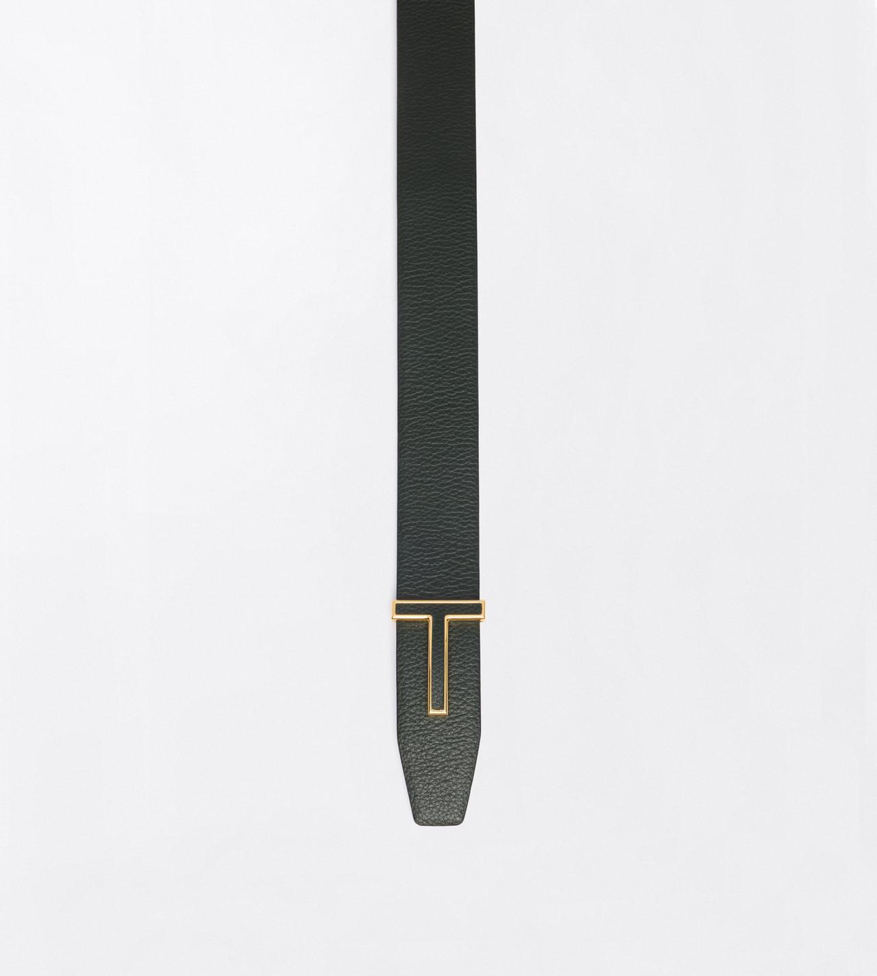 TOM FORD LEATHER DARK PINE + BLACK GRAIN LEATHER REVERSIBLE T BELT