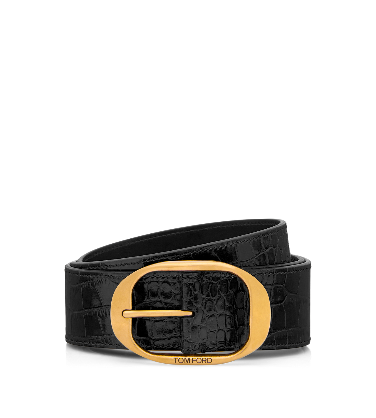 TOM FORD LEATHER BLACK PRINTED CROC OVAL BUCKLE BELT