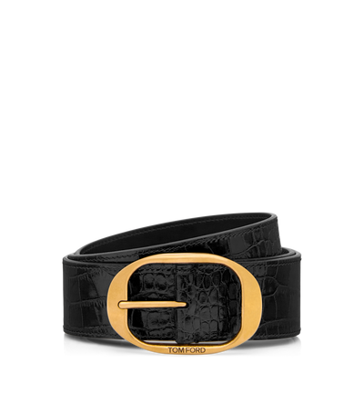 TOM FORD LEATHER BLACK PRINTED CROC OVAL BUCKLE BELT