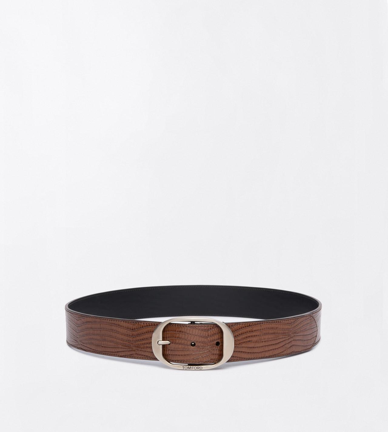 TOM FORD LEATHER CARAMEL PRINTED TEJUS OVAL BUCKLE BELT
