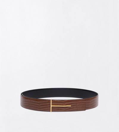 TOM FORD LEATHER CARAMEL CEINTURE SLIM T R&Eacute;VERSIBLE EN T&Eacute;JUS IMPRIM&Eacute;