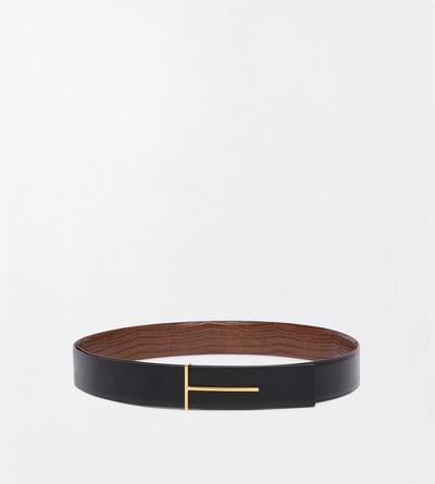 TOM FORD LEATHER CARAMEL CEINTURE SLIM T R&Eacute;VERSIBLE EN T&Eacute;JUS IMPRIM&Eacute;