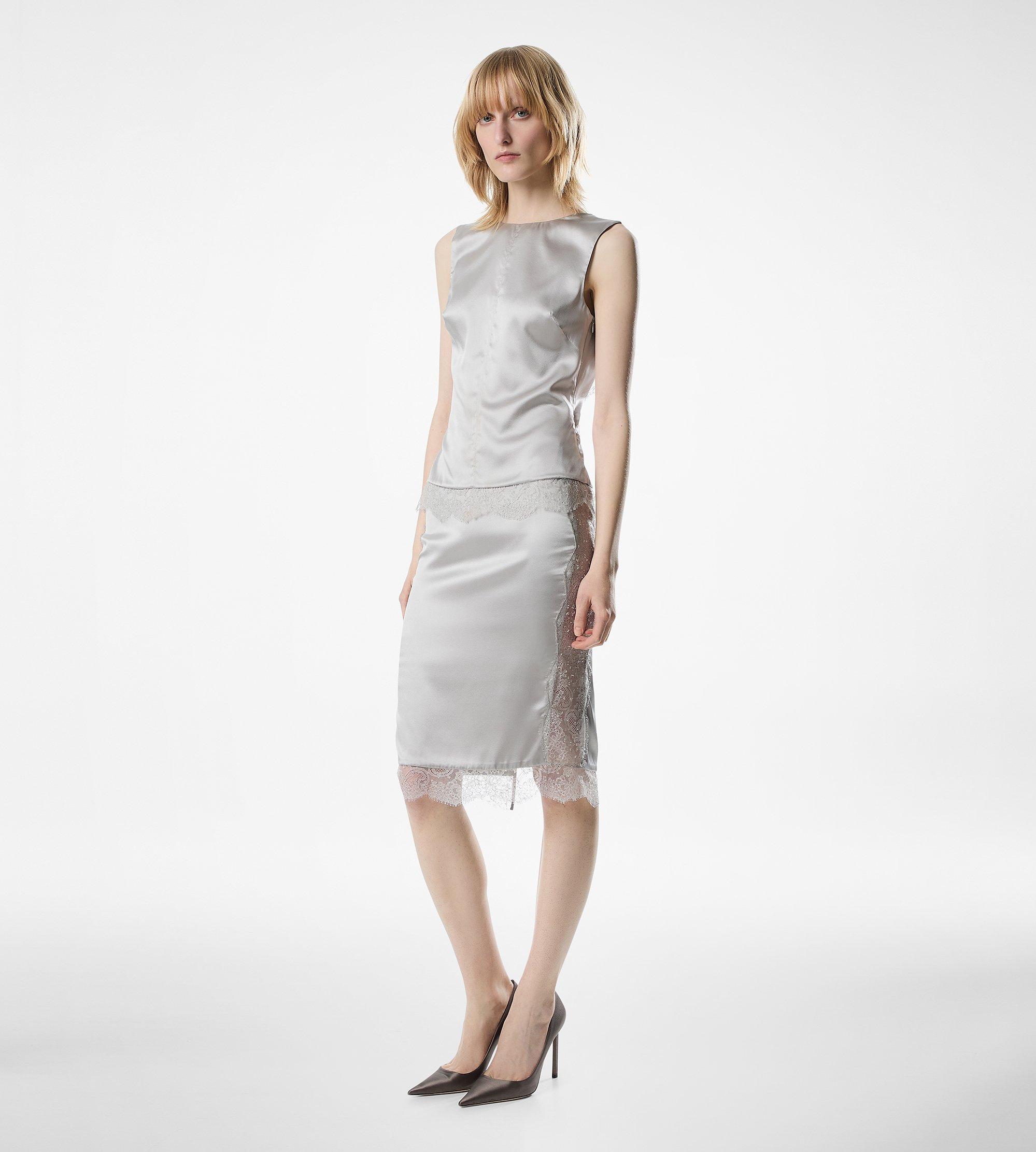 SLEEVELESS SILK TOP WITH V-BACK AND LACE INSERTS