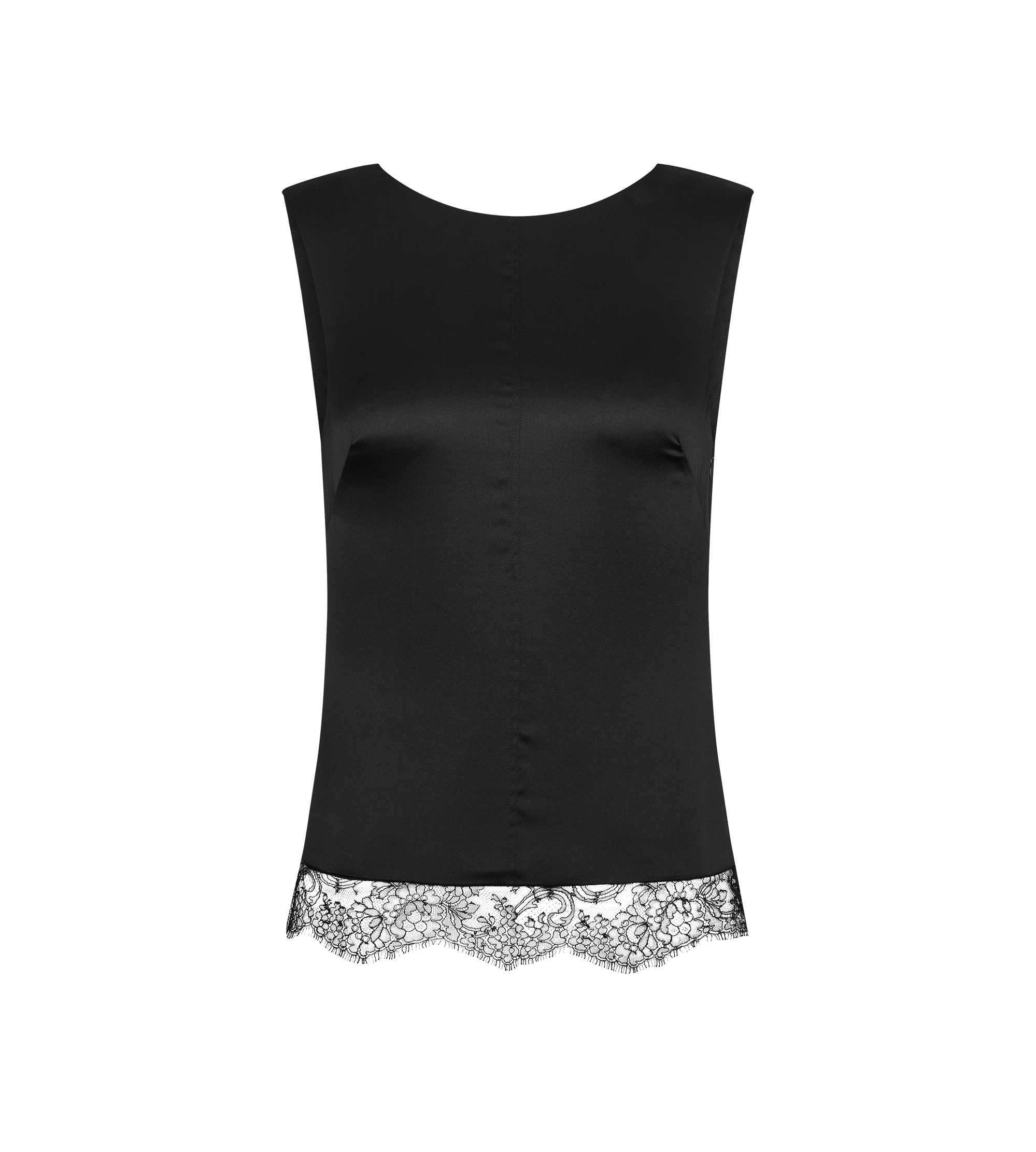 SLEEVELESS SILK TOP WITH V-BACK AND LACE INSERTS