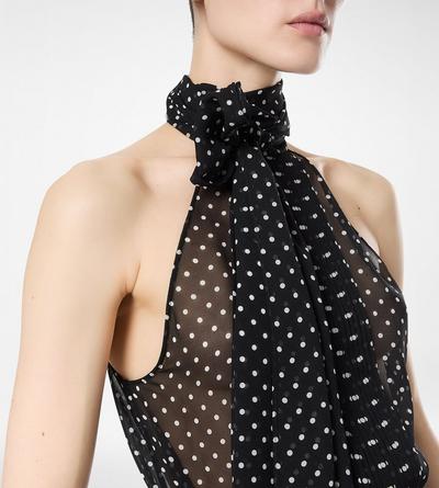 POLKA DOT SILK GEORGETTE HALTERNECK LAVALLIERE TOP WITH PLISSE DETAIL image number 1