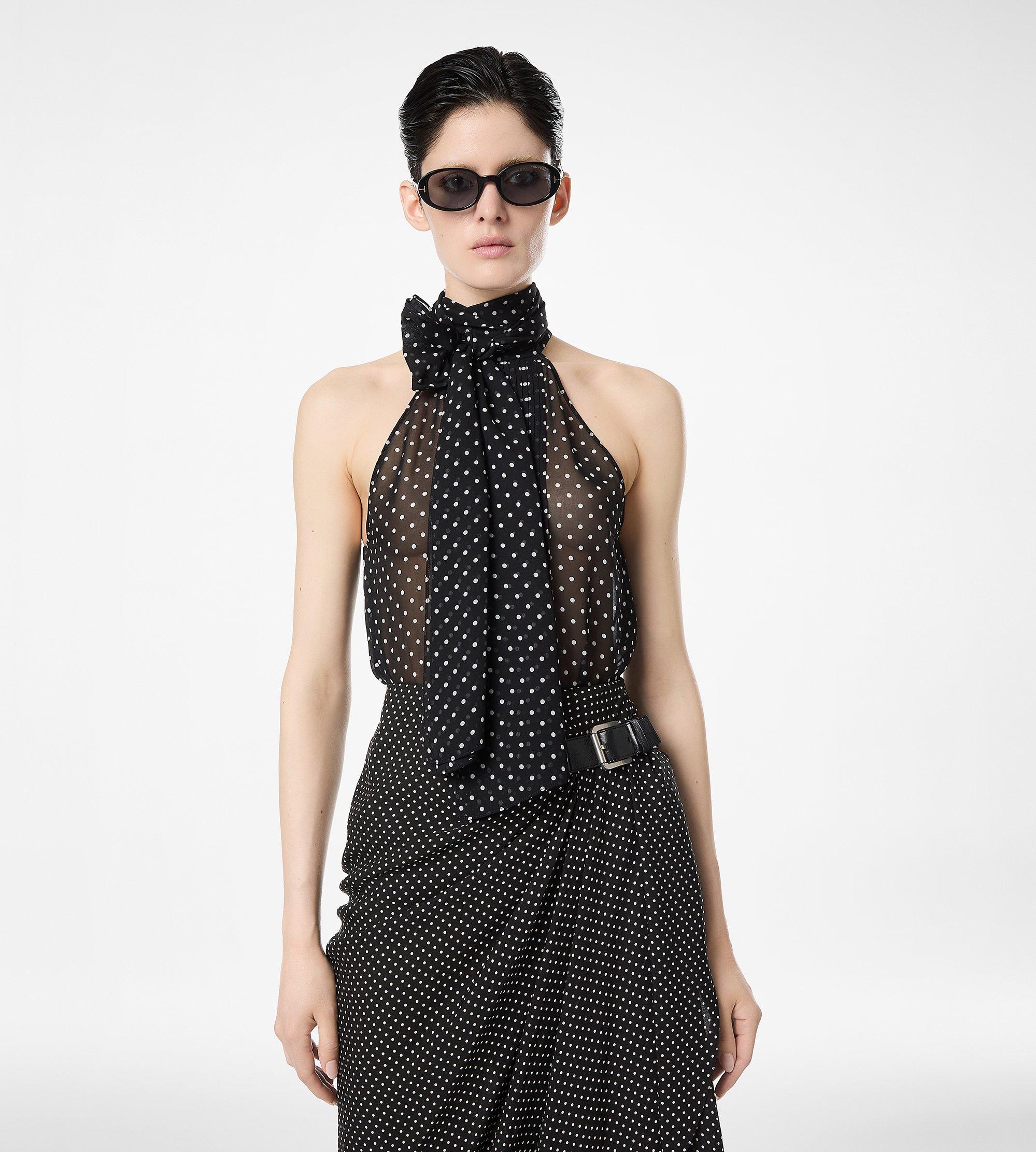 POLKA DOT SILK GEORGETTE HALTERNECK LAVALLIERE TOP WITH PLISSE