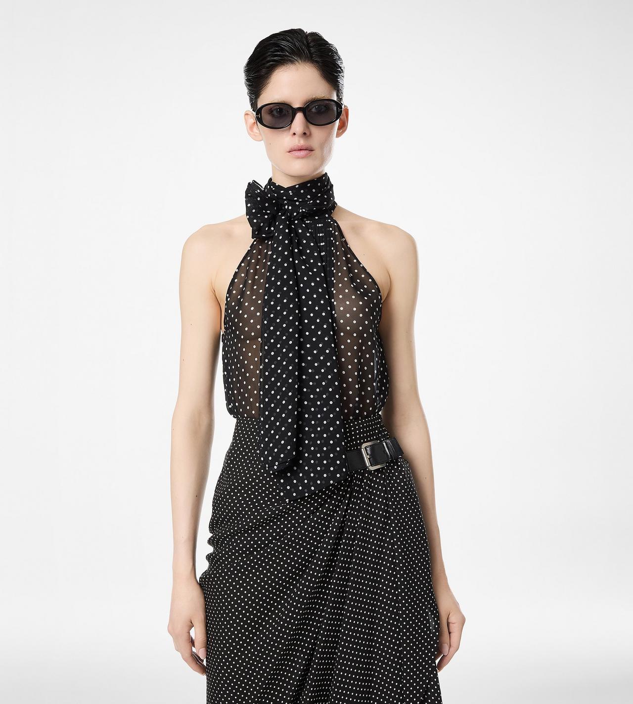 POLKA DOT SILK GEORGETTE HALTERNECK LAVALLIERE TOP WITH PLISSE DETAIL image number 3