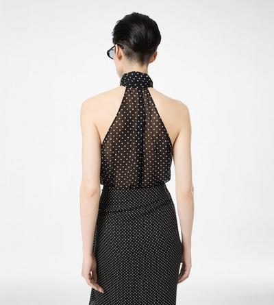 POLKA DOT SILK GEORGETTE HALTERNECK LAVALLIERE TOP WITH PLISSE DETAIL image number 4