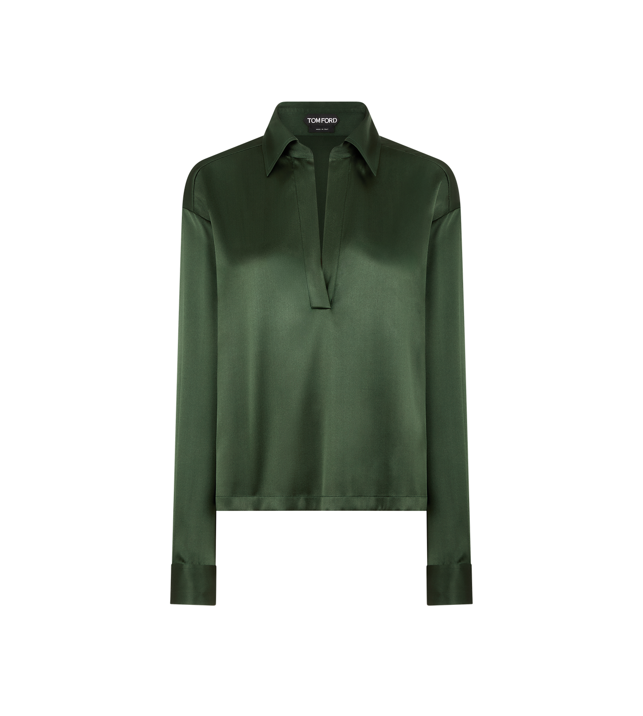 TOM FORD SILK MOSS GREEN STRETCH SILK SATIN POLO WITH TONAL TF EMBROIDERED LOGO