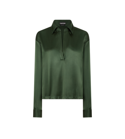 TOM FORD SILK MOSS GREEN STRETCH SILK SATIN POLO WITH TONAL TF EMBROIDERED LOGO
