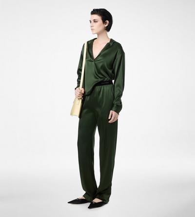 TOM FORD SILK MOSS GREEN STRETCH SILK SATIN POLO WITH TONAL TF EMBROIDERED LOGO