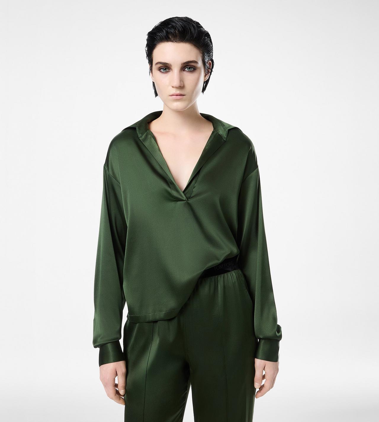 TOM FORD SILK MOSS GREEN STRETCH SILK SATIN POLO WITH TONAL TF EMBROIDERED LOGO