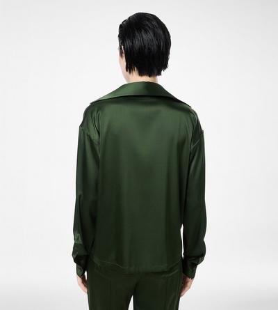 TOM FORD SILK MOSS GREEN STRETCH SILK SATIN POLO WITH TONAL TF EMBROIDERED LOGO