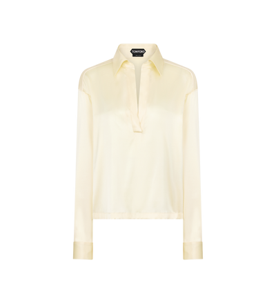 TOM FORD SILK PALE LEMON POLO IN RASO DI SETA STRETCH CON LOGO TF RICAMATO TONO SU TONO
