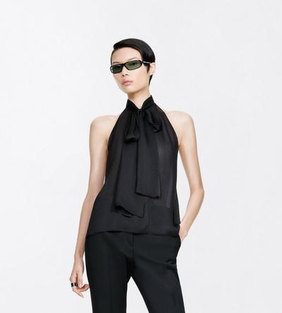 TOM FORD SILK BLACK TF MONOGRAM SILK CHIFFON HALTERNECK LAVALLIERE TOP WITH OPEN BACK