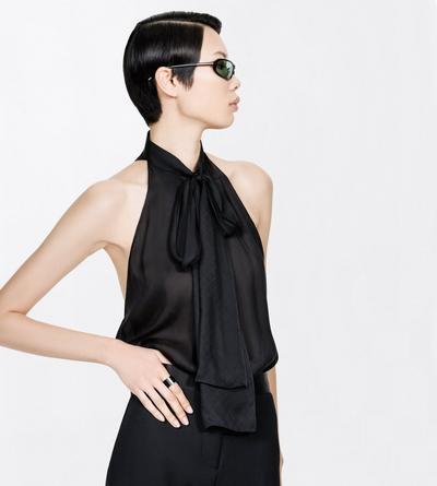 TOM FORD SILK BLACK TF MONOGRAM SILK CHIFFON HALTERNECK LAVALLIERE TOP WITH OPEN BACK
