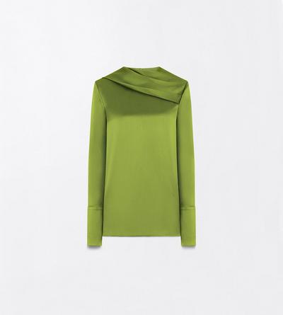 TOM FORD SILK LIME GREEN STONEWASHED SILK GEORGETTE LONG SLEEVE DRAPED COLLAR BLOUSE