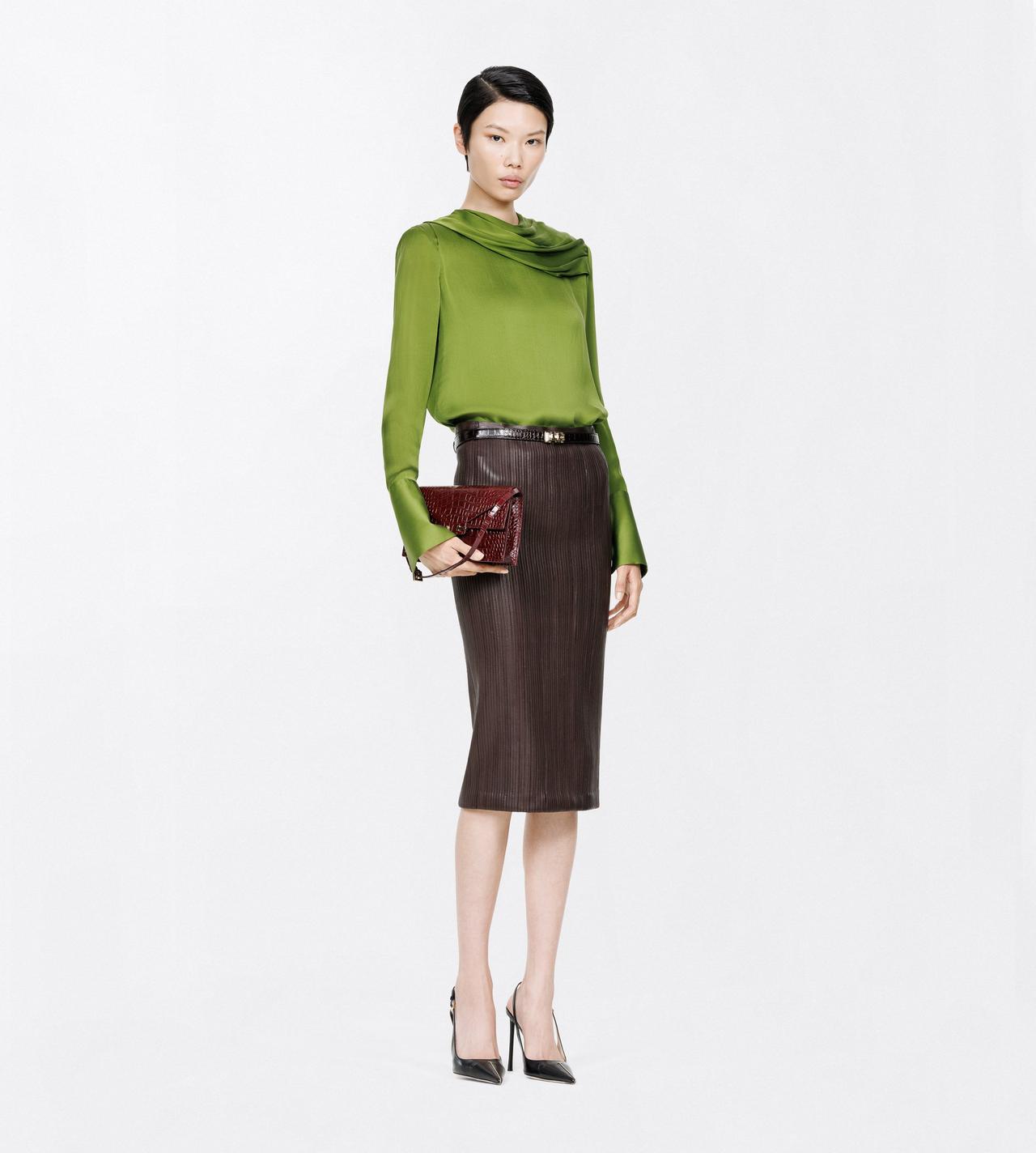 TOM FORD SILK LIME GREEN STONEWASHED SILK GEORGETTE LONG SLEEVE DRAPED COLLAR BLOUSE