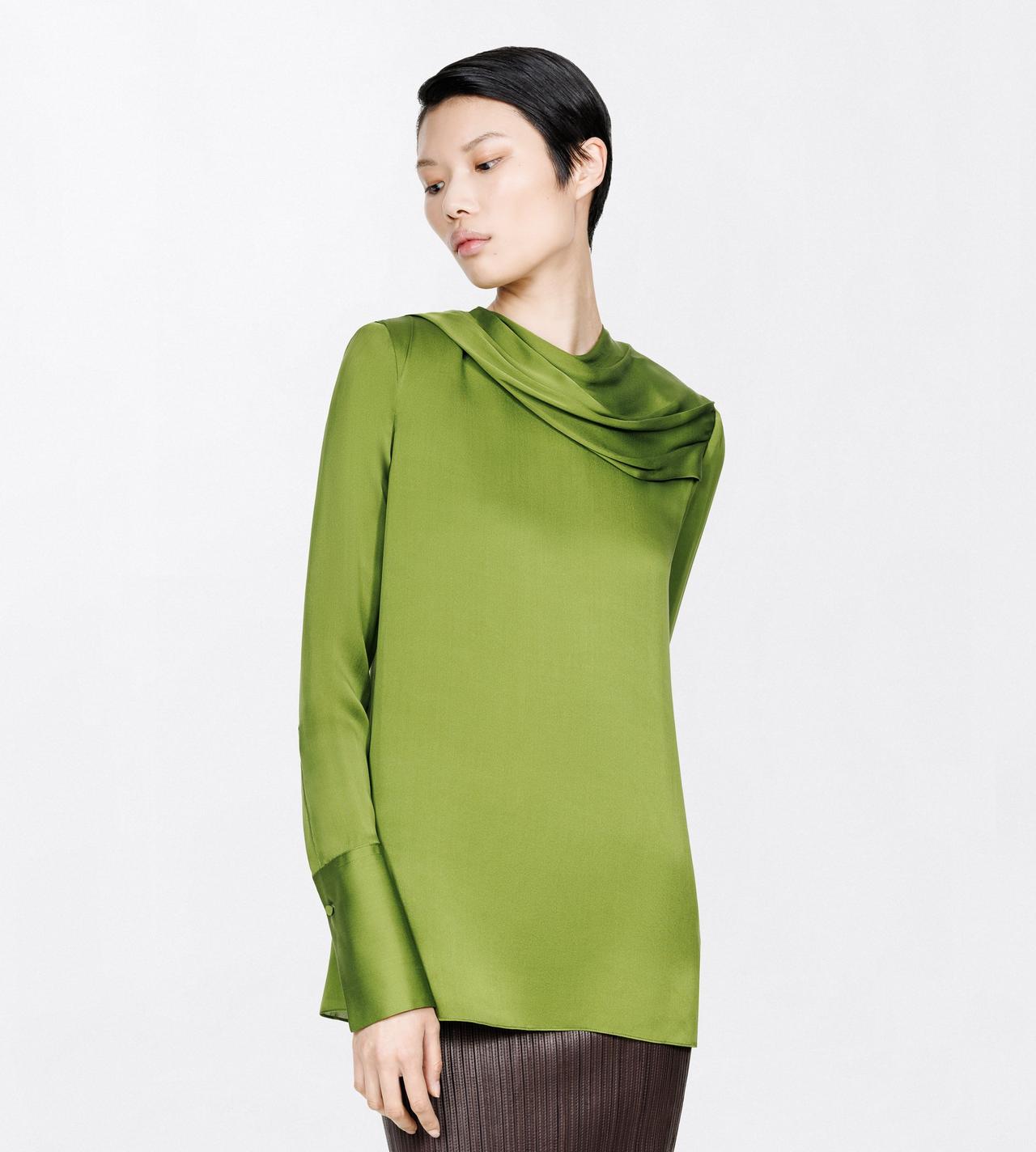 TOM FORD SILK LIME GREEN STONEWASHED SILK GEORGETTE LONG SLEEVE DRAPED COLLAR BLOUSE