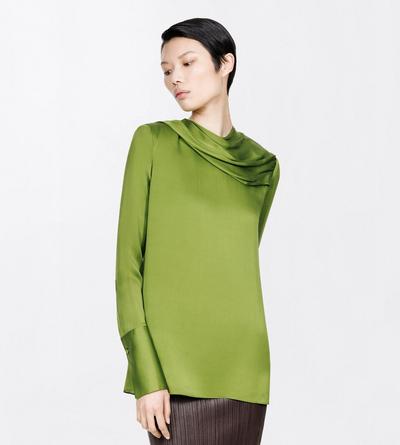 TOM FORD SILK LIME GREEN STONEWASHED SILK GEORGETTE LONG SLEEVE DRAPED COLLAR BLOUSE