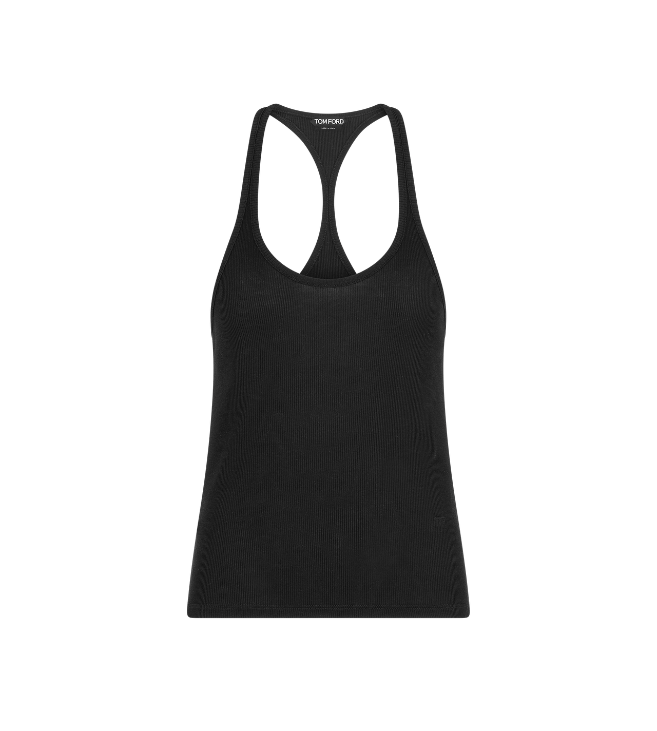 TOM FORD  BLACK SILK BLEND RIB JERSEY TANK TOP WITH TONAL TF EMBROIDERED LOGO