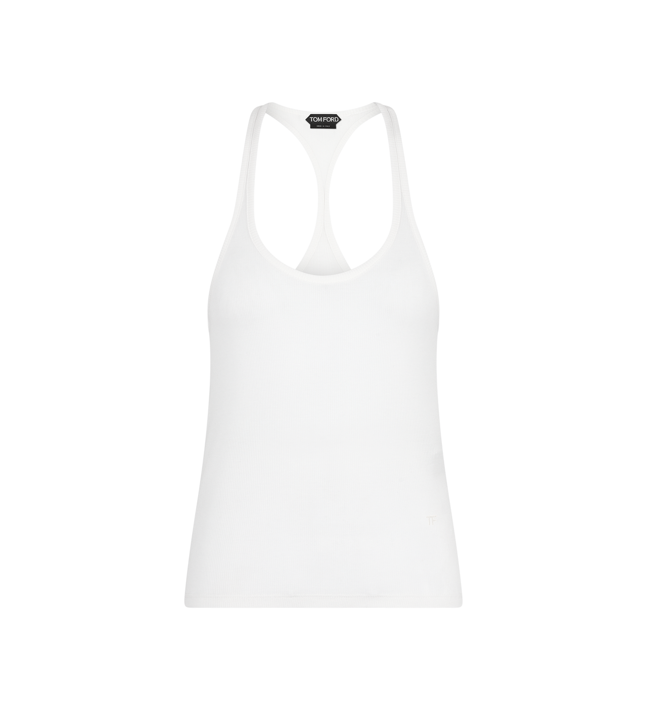 TOM FORD  OPTICAL WHITE SILK BLEND RIB JERSEY TANK TOP WITH TONAL TF EMBROIDERED LOGO