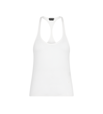 TOM FORD  OPTICAL WHITE SILK BLEND RIB JERSEY TANK TOP WITH TONAL TF EMBROIDERED LOGO