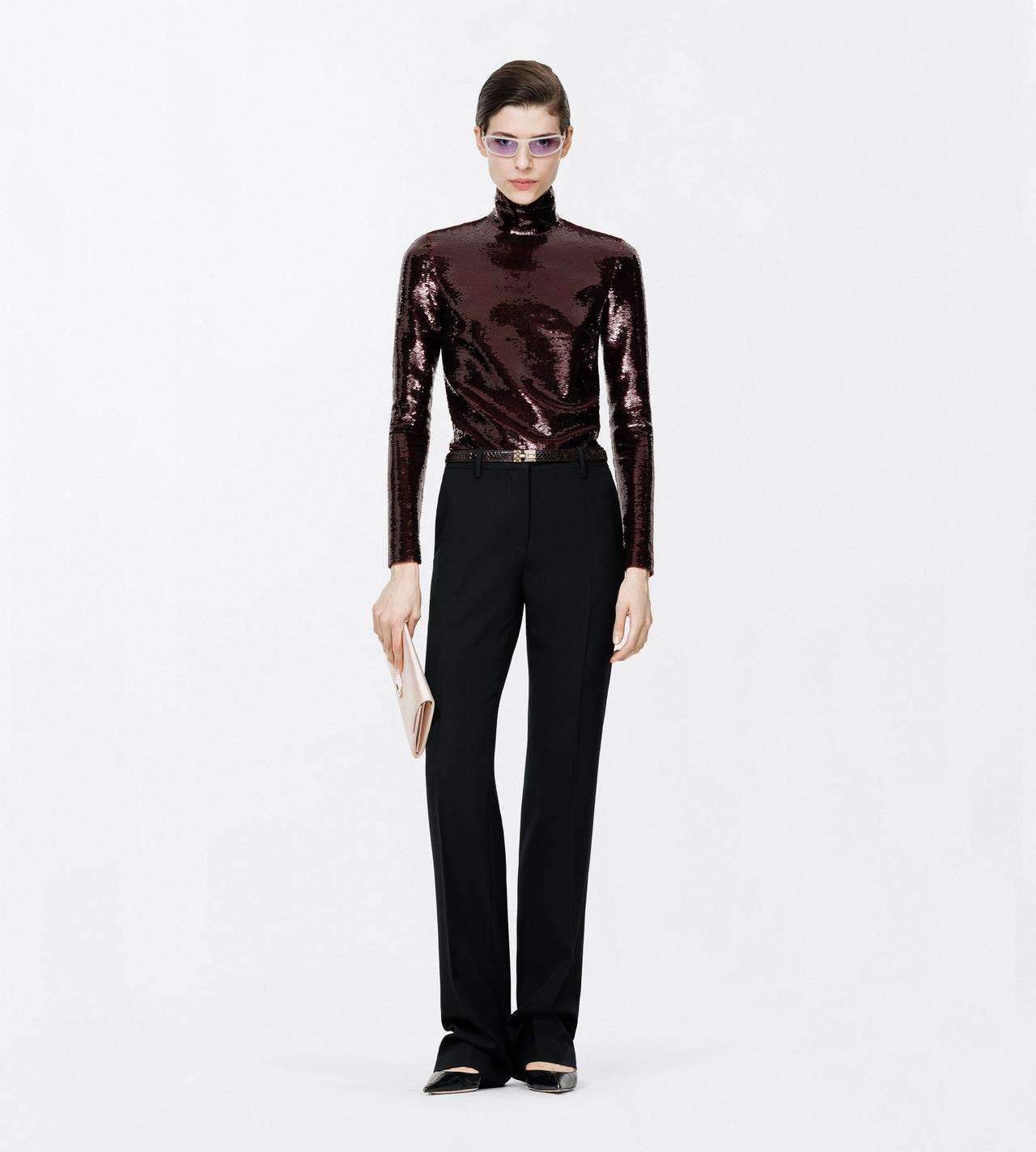 TOM FORD EMBROIDERY MAROON LANG&Auml;RMLIGES ROLLKRAGENOBERTEIL MIT PAILLETTENSTICKEREI