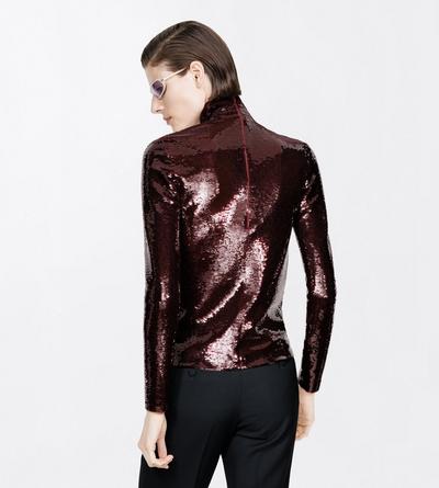 TOM FORD EMBROIDERY MAROON LANG&Auml;RMLIGES ROLLKRAGENOBERTEIL MIT PAILLETTENSTICKEREI
