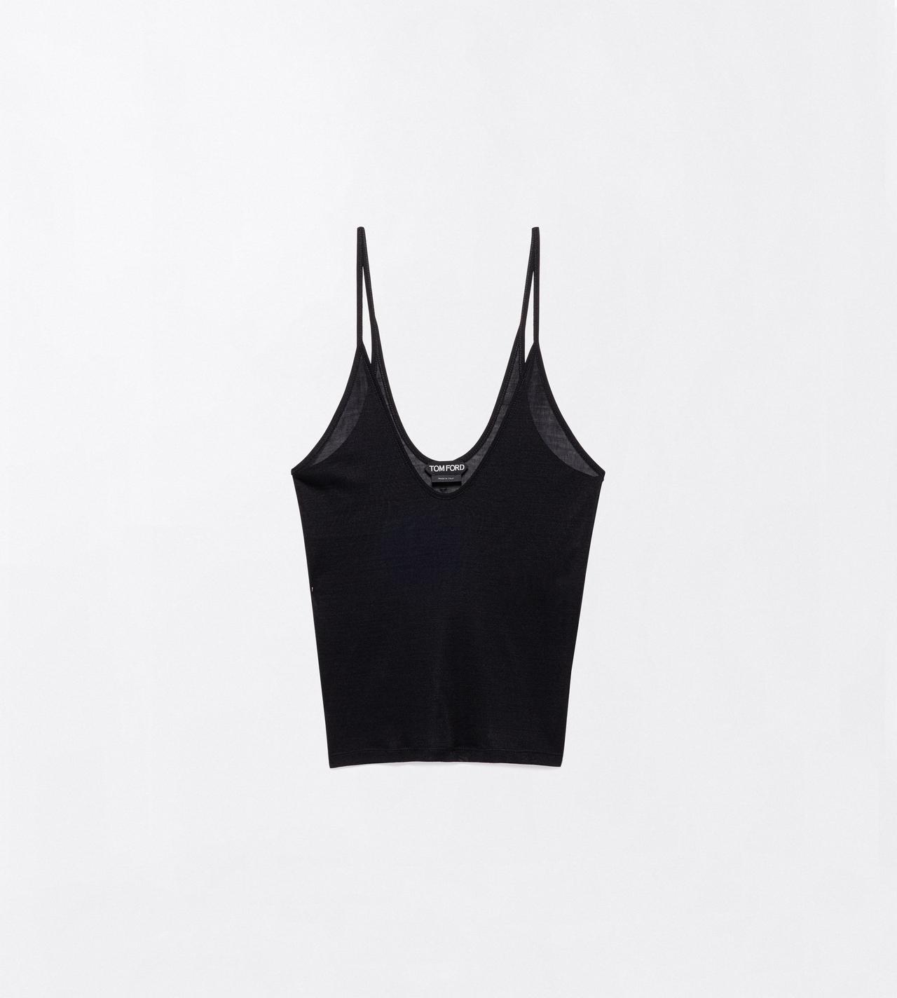 TOM FORD SILK BLACK MICRO-RIB SILK JERSEY SCOOPED TANK TOP WITH ELONGATED T EMBROIDERED LOGO