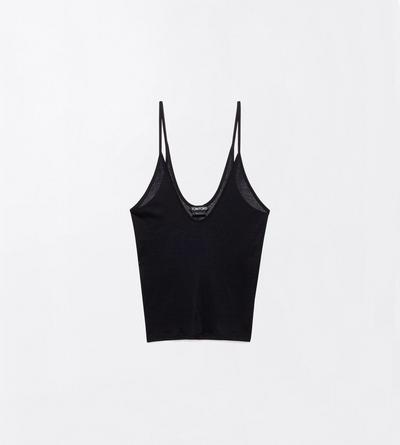 TOM FORD SILK BLACK MICRO-RIB SILK JERSEY SCOOPED TANK TOP WITH ELONGATED T EMBROIDERED LOGO