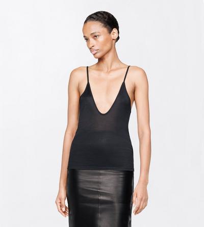 TOM FORD SILK BLACK MICRO-RIB SILK JERSEY SCOOPED TANK TOP WITH ELONGATED T EMBROIDERED LOGO