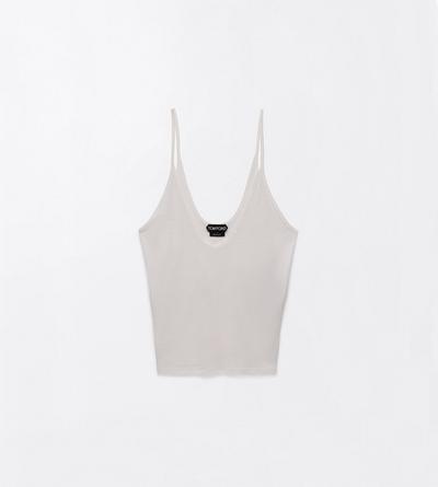 TOM FORD SILK OFF WHITE MICRO-RIB SILK JERSEY SCOOPED TANK TOP WITH ELONGATED T EMBROIDERED LOGO