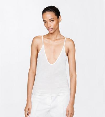 TOM FORD SILK OFF WHITE MICRO-RIB SILK JERSEY SCOOPED TANK TOP WITH ELONGATED T EMBROIDERED LOGO