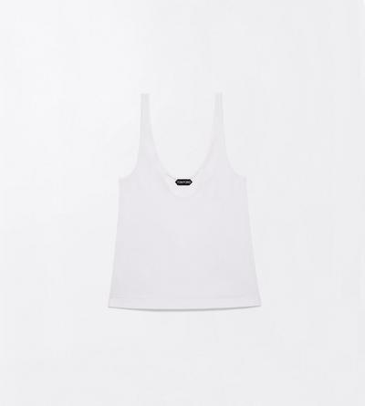 TOM FORD COTTON WHITE RIBBED STRETCH COTTON JERSEY TANK TOP WITH TF EMBROIDERED LOGO