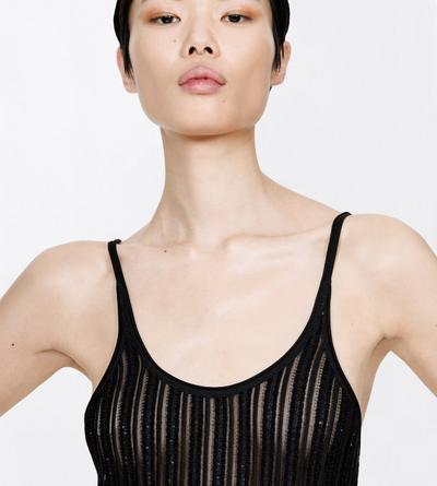 TOM FORD VISCOSE SILK BLEND BLACK SHEER VELVET TEXTURED STRIPE WITH MICRO SEQUINS RELAXED EVENING TANK
