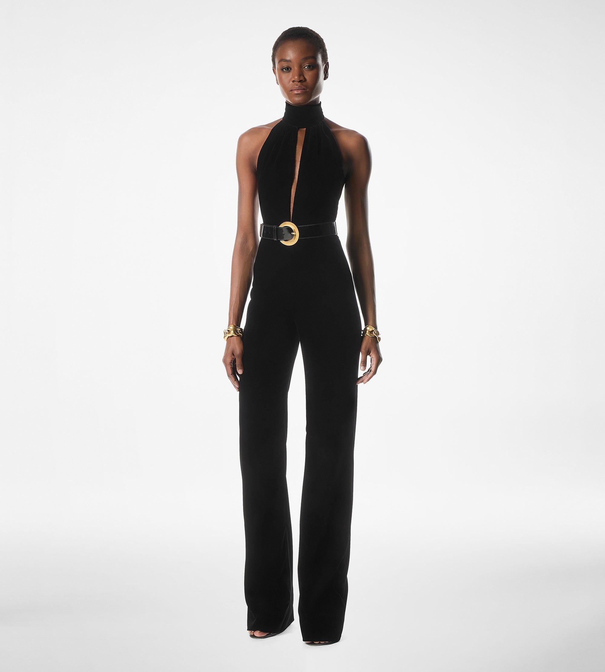 STRETCH VELVET BELTED JUMPSUIT