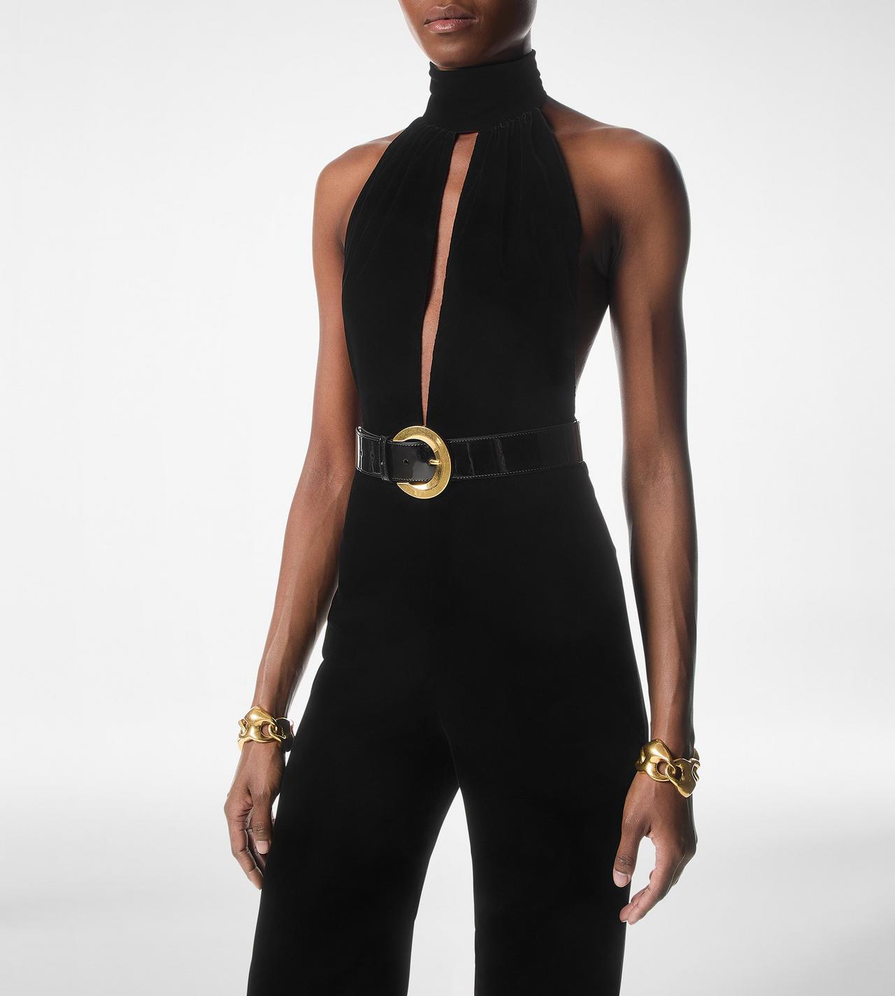 STRETCH VELVET BELTED JUMPSUIT image number 1