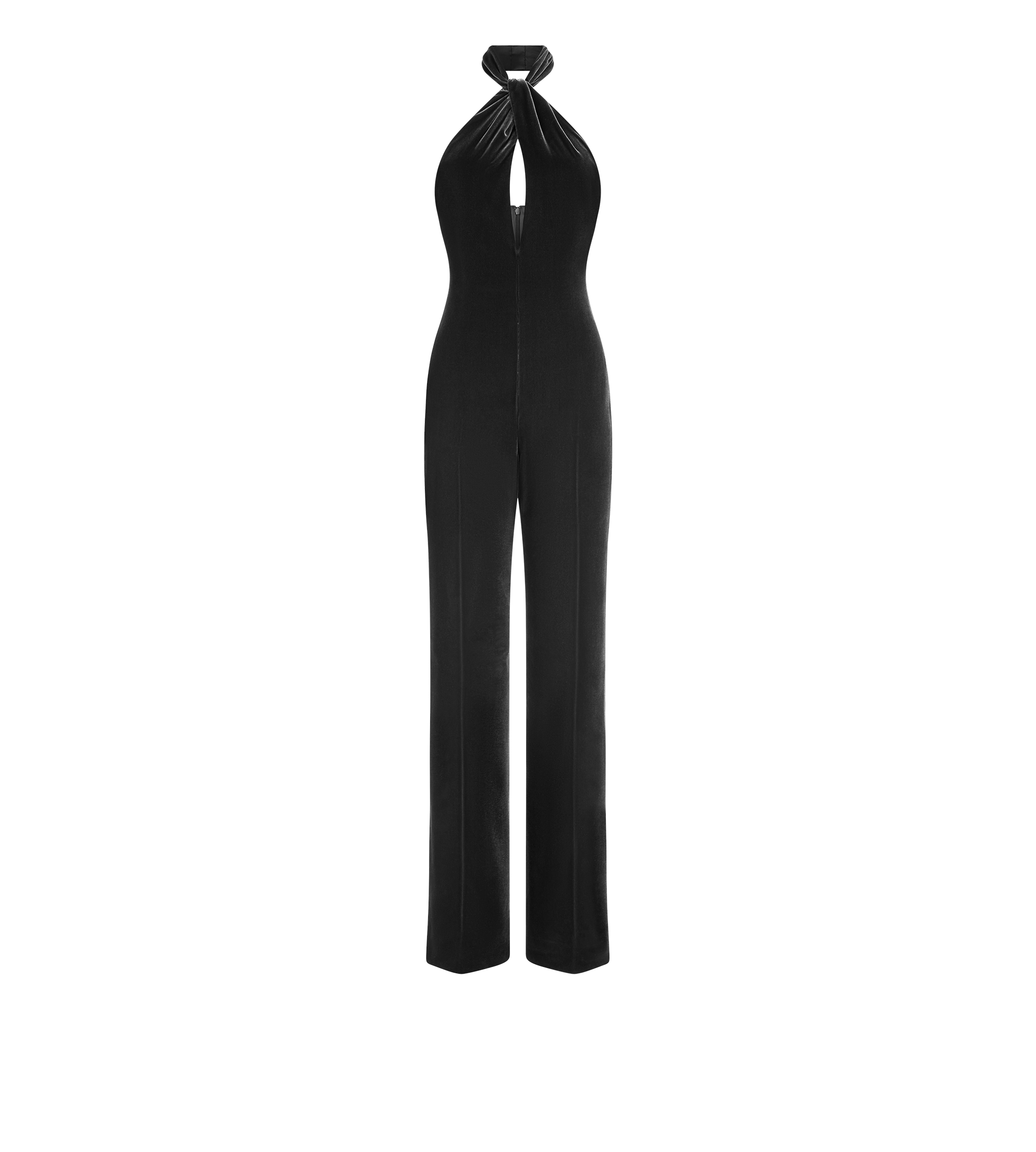 HALTERNECK TWIST FRONT VELVET JUMPSUIT