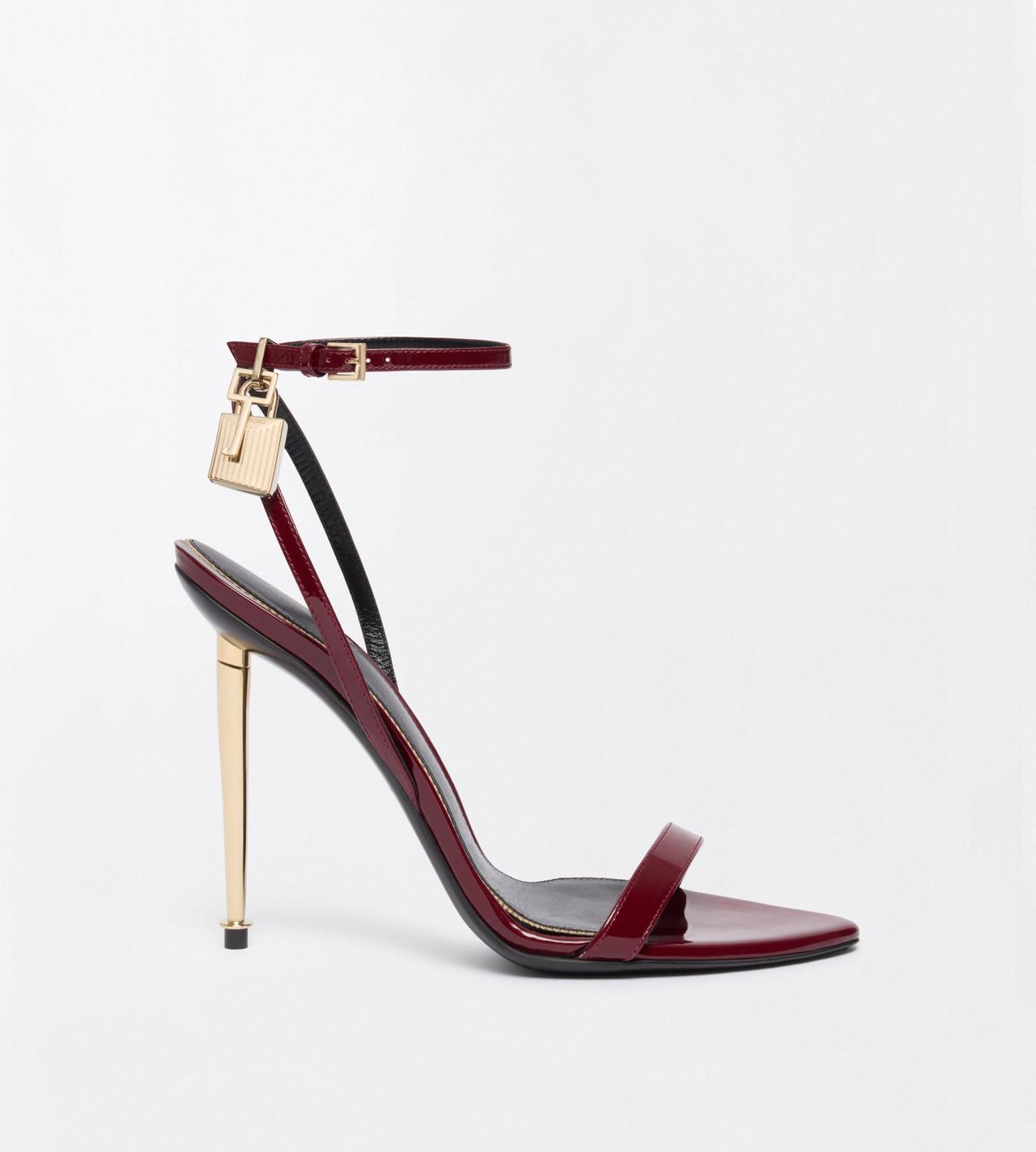 TOM FORD LEATHER RUBY RED PATENT LEATHER PADLOCK POINTY NAKED SANDAL