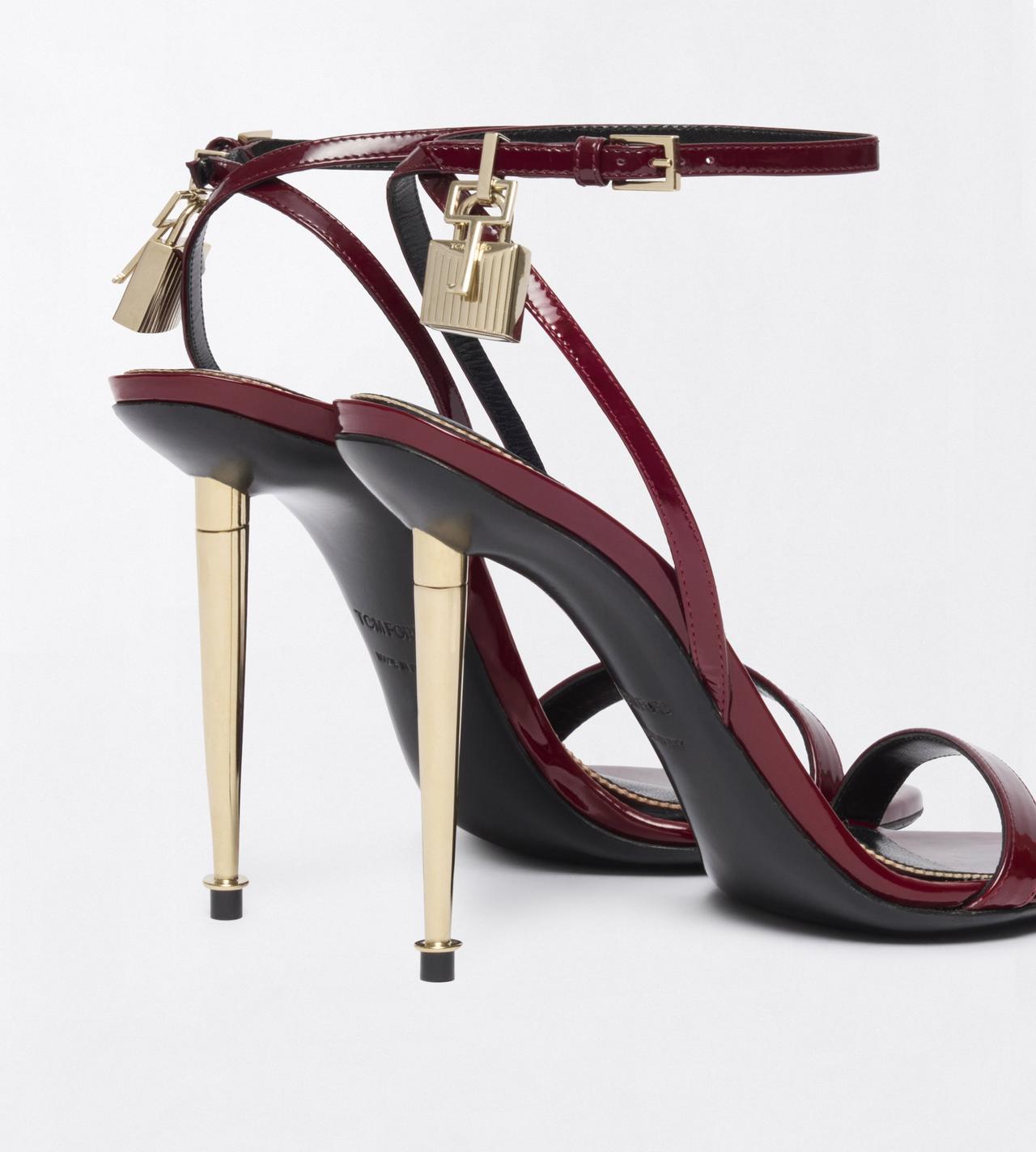 TOM FORD LEATHER RUBY RED PATENT LEATHER PADLOCK POINTY NAKED SANDAL